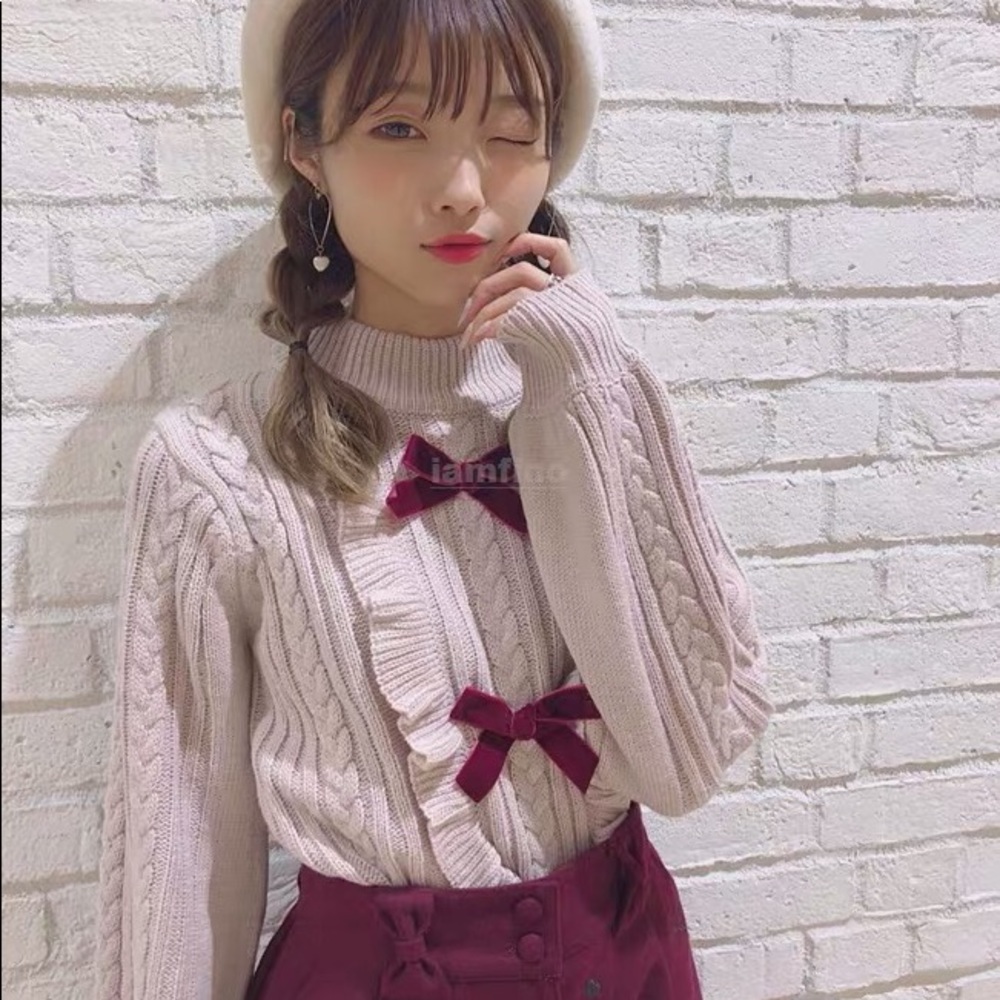 Winter Pink Knit Ruffle Sweater with Magenta Bow - Picture 2 of 8
